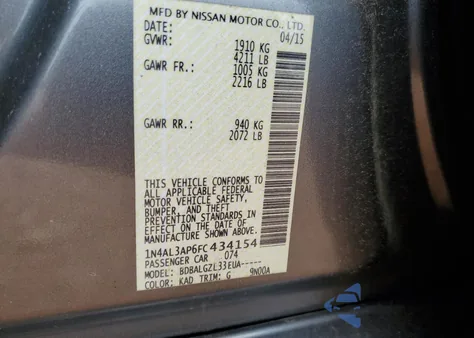 2015 Nissan Altima 2.5 from USA, damaged, VIN 1N4AL3AP6FC434154
